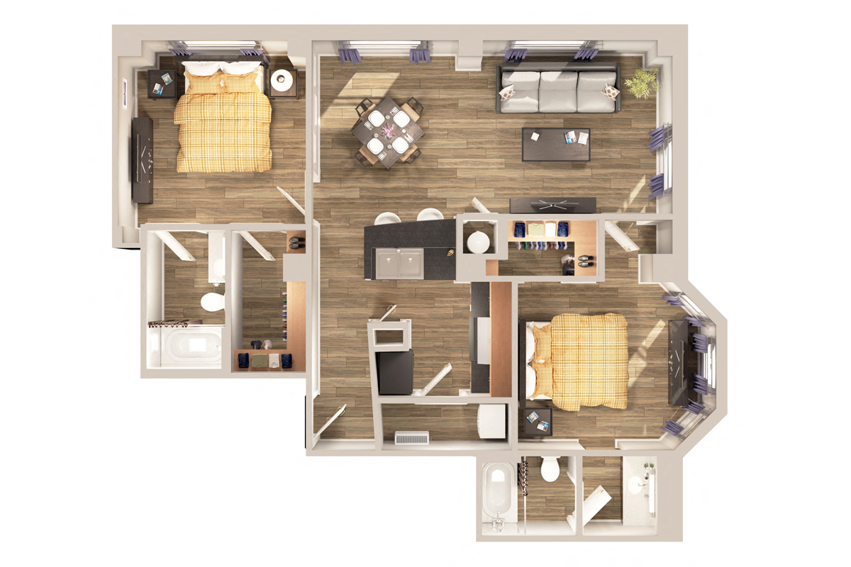 Floor plan for 2 beds, 2 baths, 1045 sqft
